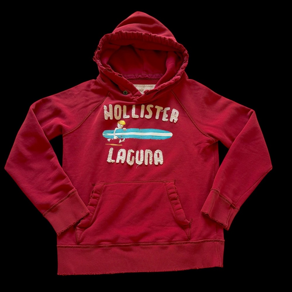Y2K Hollister Laguna Red Hoodie Button Neck Distressed Surf Sweatshirt M